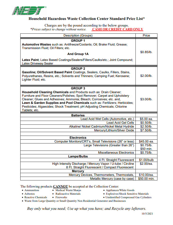 Price sheet for NEDT's household hazardous collection centers.