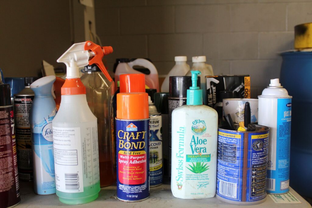 Arts and crafts supplies alongside other household hazardous products.