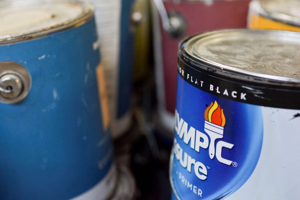 Close-up of paint cans brought into NEDT for disposal.