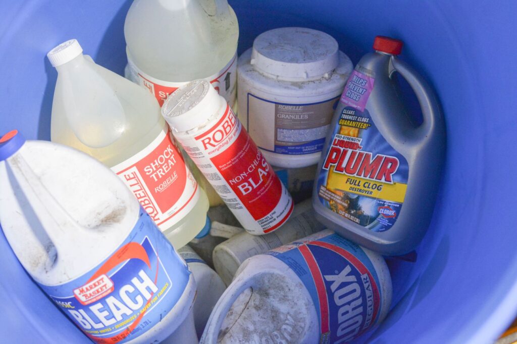 Various heavy-duty cleaners, including drain cleaner.