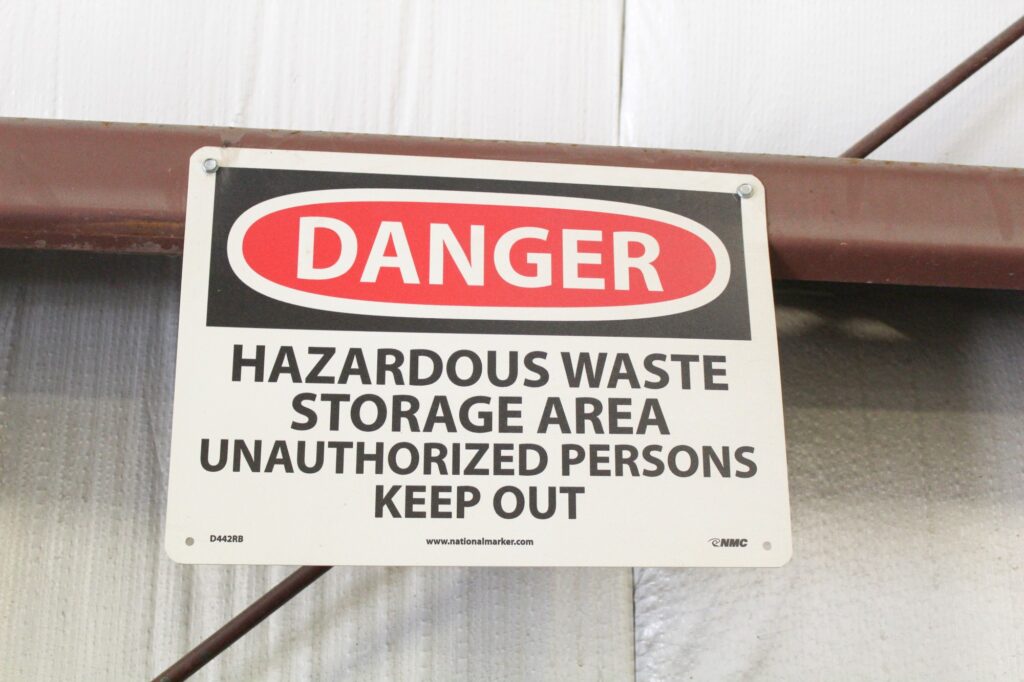 Hazardous waste storage area warning sign.