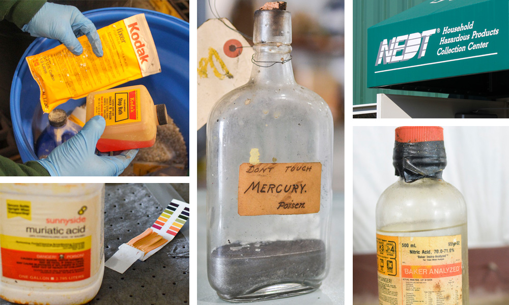 Photo collage of multiple types of old household chemicals brought into NEDT collection centers.