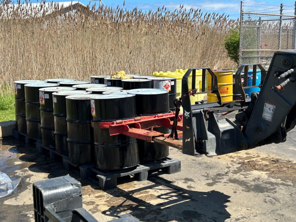 Barrels of chemicals, including acetone, methanol, and isopropyl alcohol, were removed from the damaged site for safety.